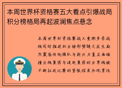本周世界杯资格赛五大看点引爆战局积分榜格局再起波澜焦点悬念